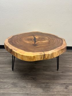 Rustic Live Edge Coffee Table with Resin Inlay – 38” x 39” x 19” | 3” Thick Monkey Pod Slab