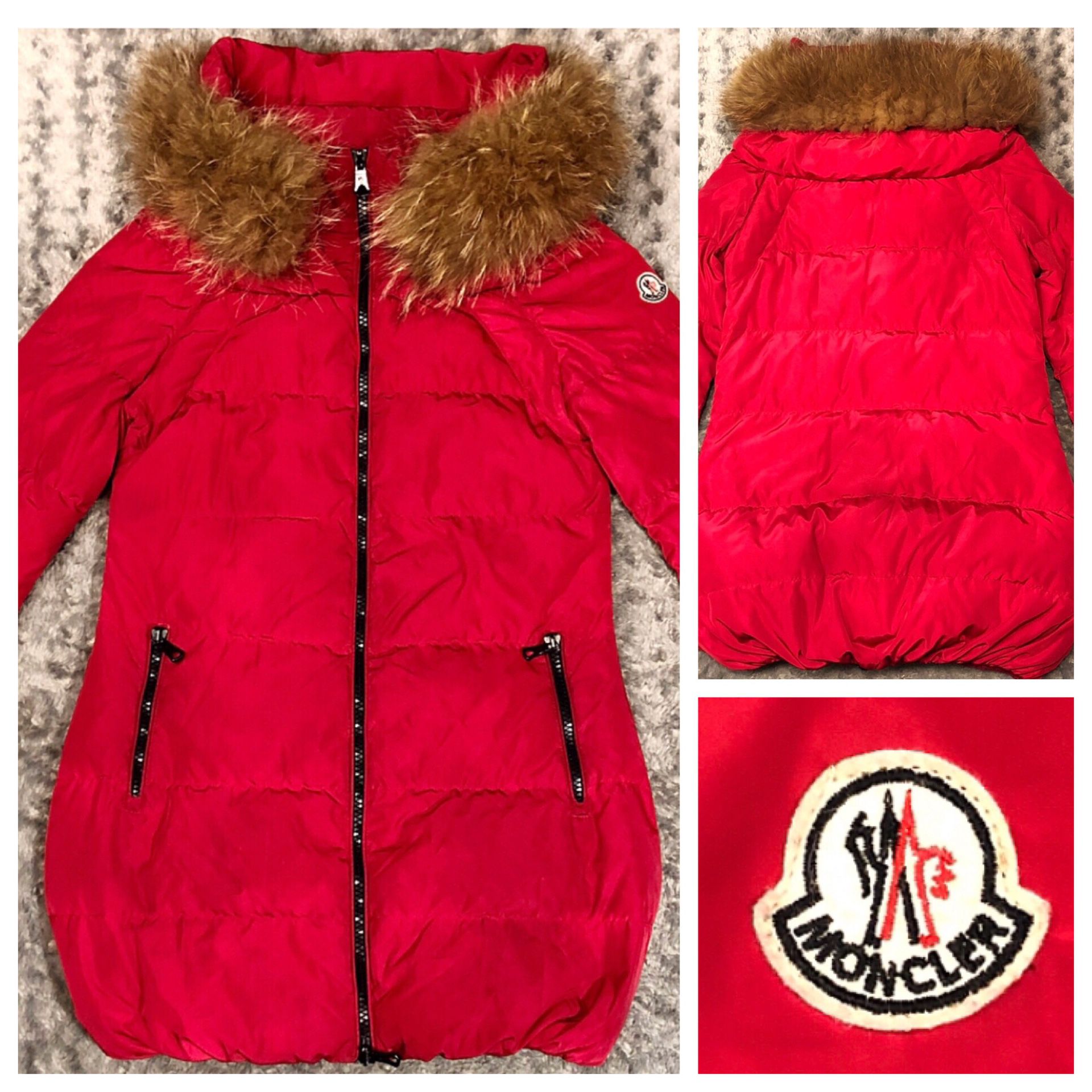 Women’s vintage Moncler coat retail $1,295 size S 100% authentic! Color red Nylon & Raccoon Fur trimmed Hooded Down Jacket. Perfect for cold climates
