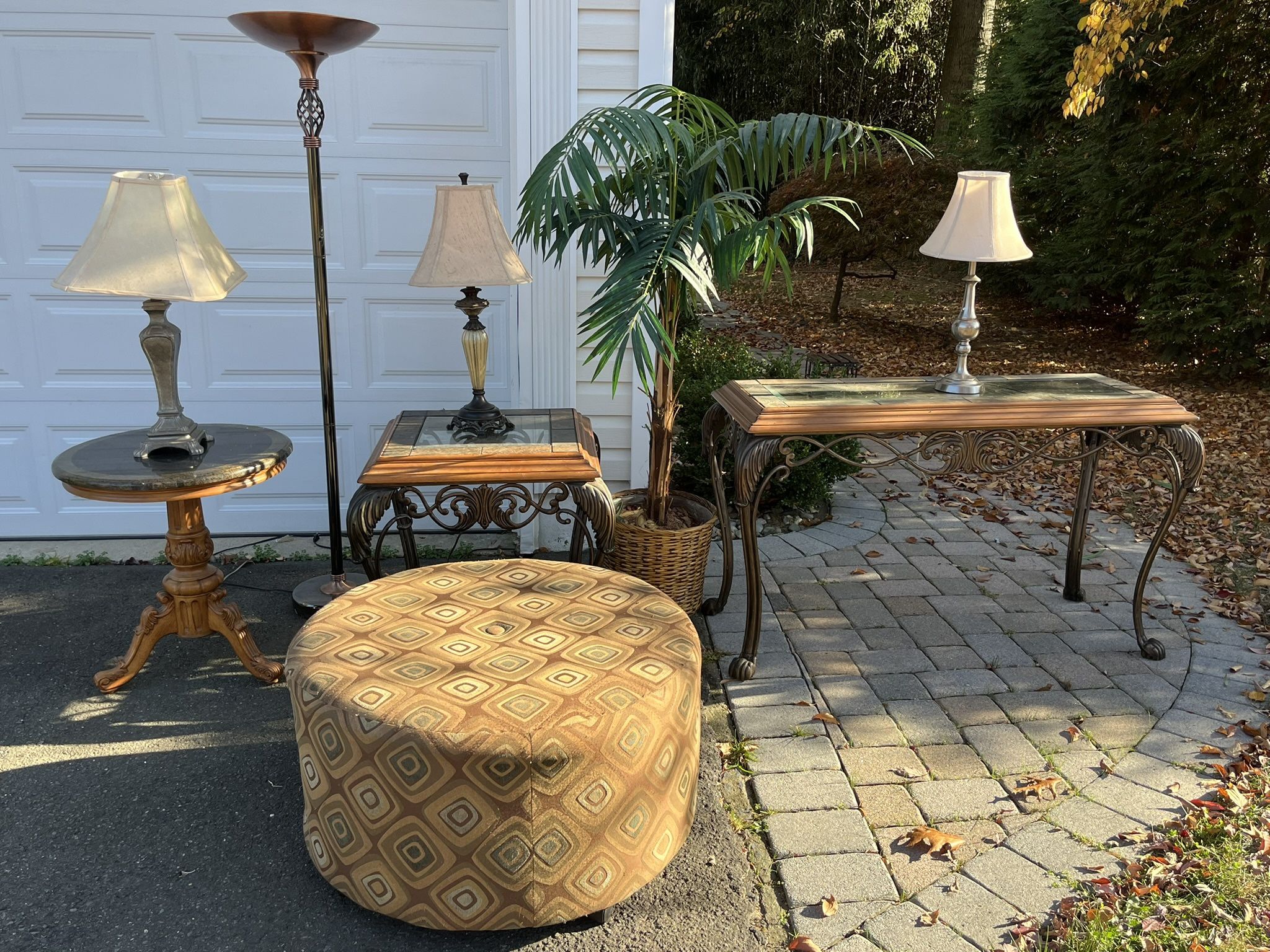 Living Room End Tables and Lamps with Large Fake Plant