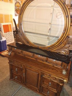 Vintage Tropical / Hollywood Regency Faux Bamboo Dresser & Large Oval Mirror Set