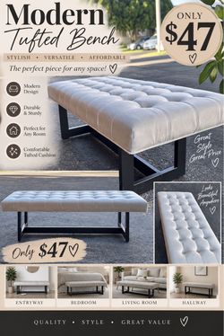 Modern Tufted Upholstered Bench with Metal Legs