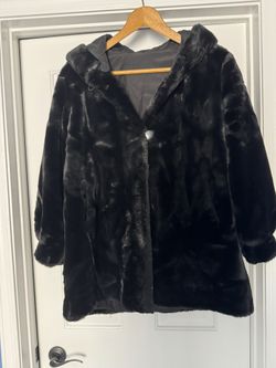 Petite Medium, Black, Super Soft, Faux Fur Hooded Coat by Marvin Richards