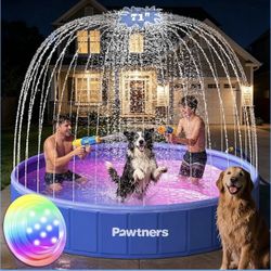 Brand New 71" Foldable Dog Pool with Sprinkler & RGB LED Light