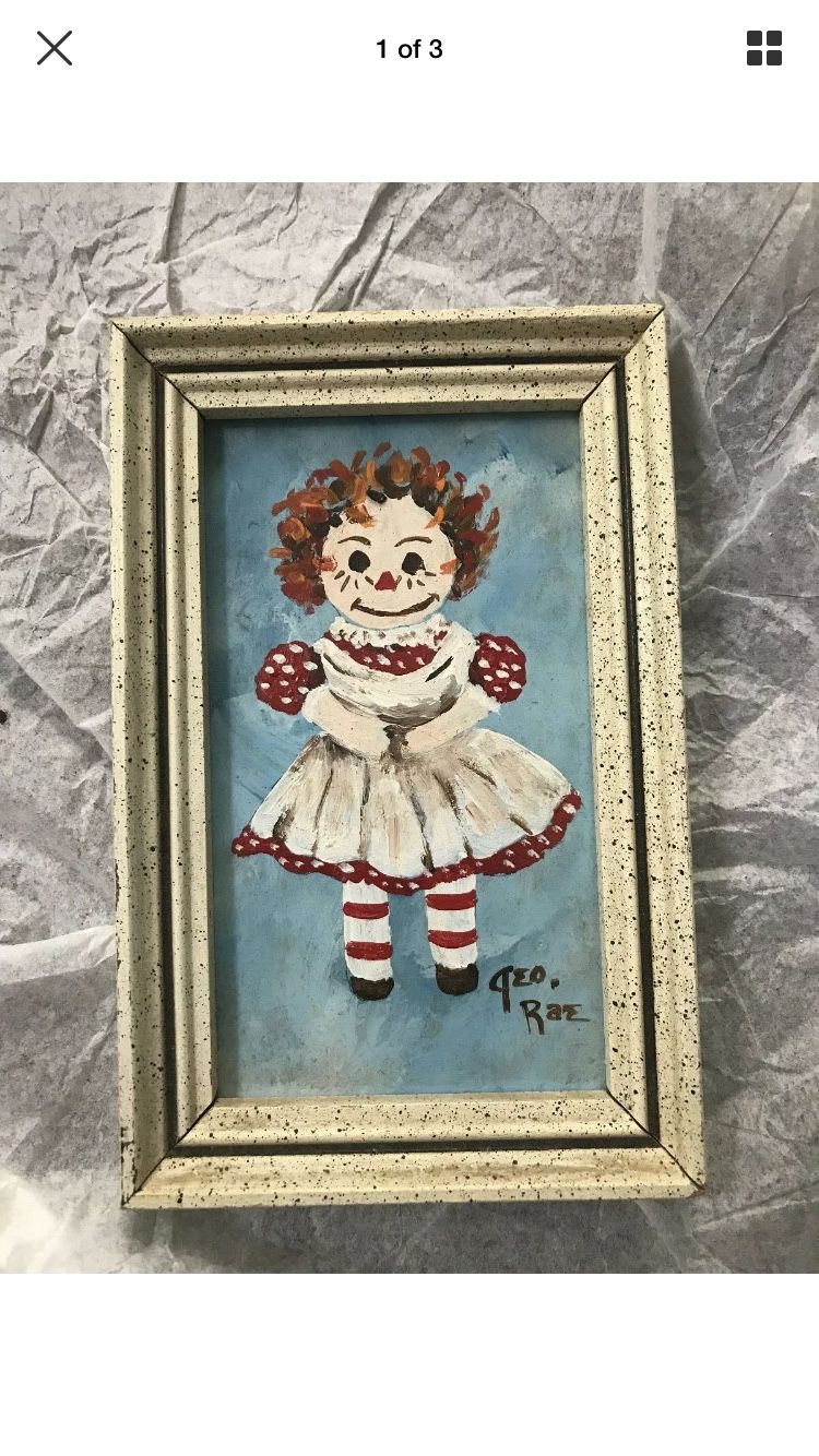 Vintage Raggedy Ann and Andy Framed Painting Picture Wall Decor Nursery Art SIGNED