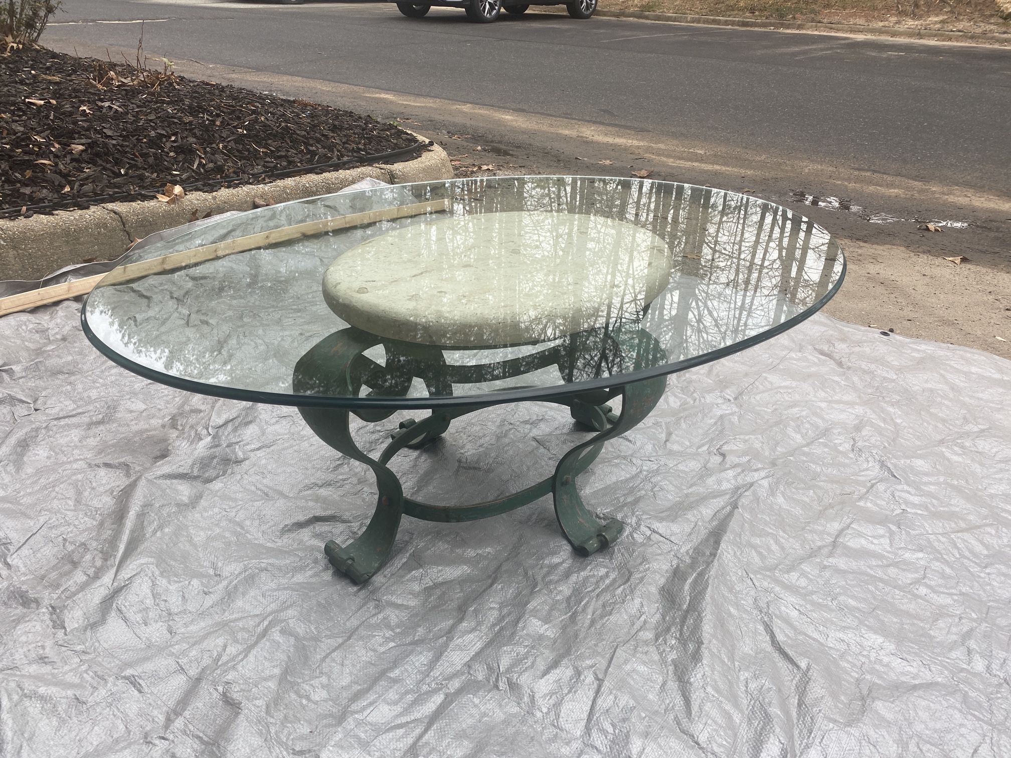 Oval Glass Coffee Table With Marble And Metal Base