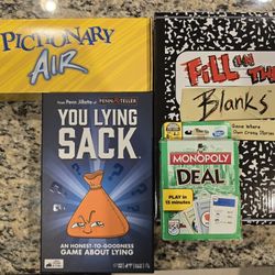 Pictionary Air, Monopoly Deal, You Lying Sack, Fill In The Blanks Games
