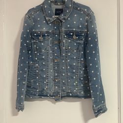 Gap Kids Jean Jacket Girls Size Small Button Up Long Sleeve polka dot Blue Denim