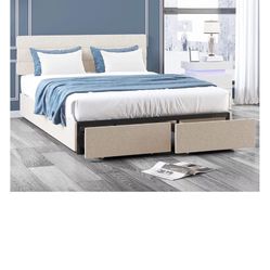 Bed Frame With Two  Large Storage Drawers, Queen Size
