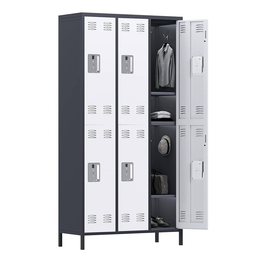 Metal Storage Locker for Office Gym Bedroom Dormitory, 6 Doors Steel Locker for Employees, Industrial Storage with 12 Hooks, Assembly Required, Grey W