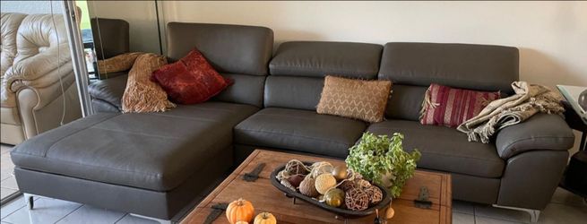 Taupe Leather Sectional Sofa with Chaise
