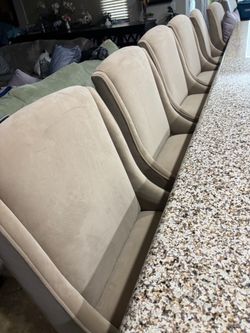 6 Bar stools, solid dark wood legs, tan color