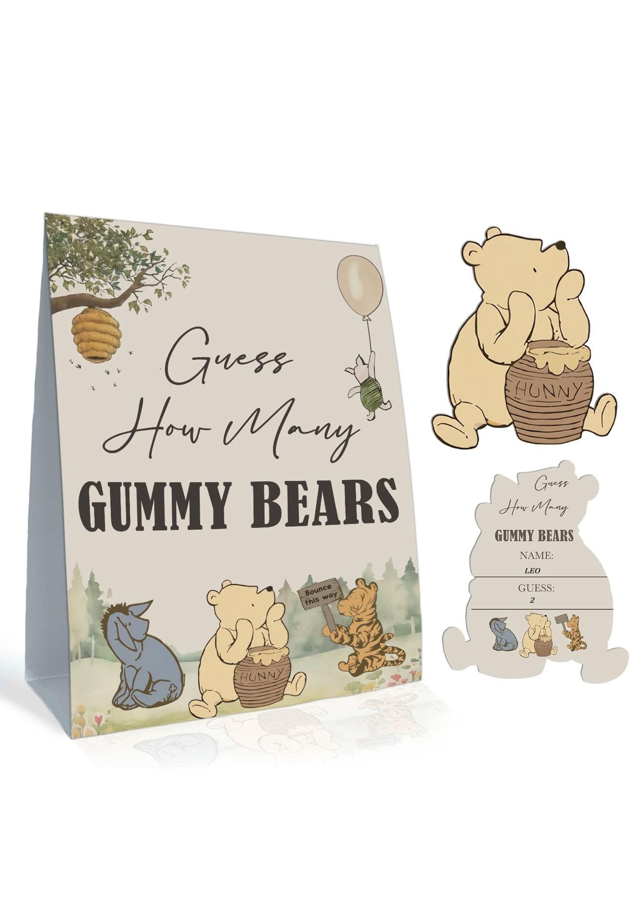 the Pooh Baby Shower Games Card, Included 1 Guess How Many Gummy Bears Sign and 30 Winnie Guessing Cards, Winnie Baby Shower Game for Boys Girls, Birt