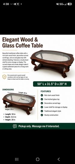 Elegant Wood & Glass Coffee Table – 50” x 31.5” x 20”