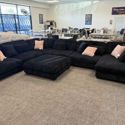 Black 7 Pc Corduroy Sectional Modular Set W/ Chaise Lounge - EZ $10 Down Payment Options Available 