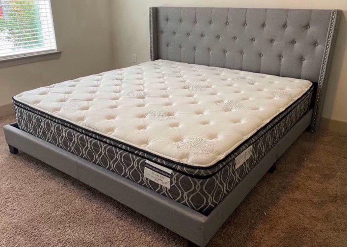 New Platform King Size Grey Linen Fabric Bed Frame 