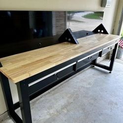 96 in. W x 20 in. 3-Drawer Black Workbench with Solid Wood Top and Pegboard