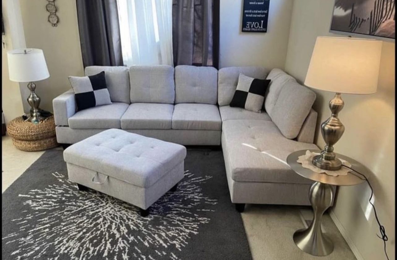 Grey Linen Sectional Couch And Ottoman