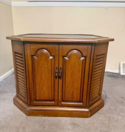 Vintage Wood Commode Cabinet — Arched Doors, Louvered Sides, Storage