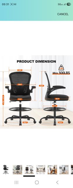 Ergonomic Drafting Chair, Tall Office Chair with Flip-up Armrests, Breathable Mesh High Desk Chair with Lumbar Support Adjustable Footrest Ring for St