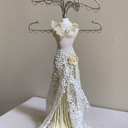 VTG Jewelry Display Stand 13 1/4”  /Bust Mannequin/Ivory Lace Beaded Fringe Design 