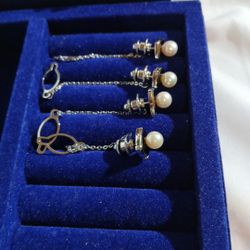 Vtg Set Silver Stamp Genuine White Pearl Women Cliff Decoration For Suit Or Dress set 4pcs 