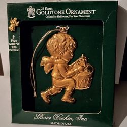 Christmas Gloria Duchin 24 Karat Gold Tone Little Drummer Boy Ornament and Angel Pin Vintage Collectible 