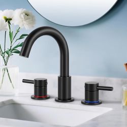 Bathroom Faucet 3 Hole, Matte Black Bathroom Sink Faucet with Pop Up Drain, 8 inch Widespread Bathroom Faucet with 360° Swivel Spout, 2 Handle Vanity 