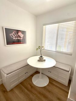 White Tulip Dining Table + L-Shaped Storage Bench Set