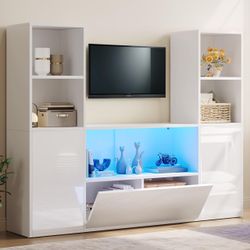 Castle TV Stand with LED Light U-Shaped Bookshelf, Storage Cabinet, UV High-Gloss, Cube Organizer