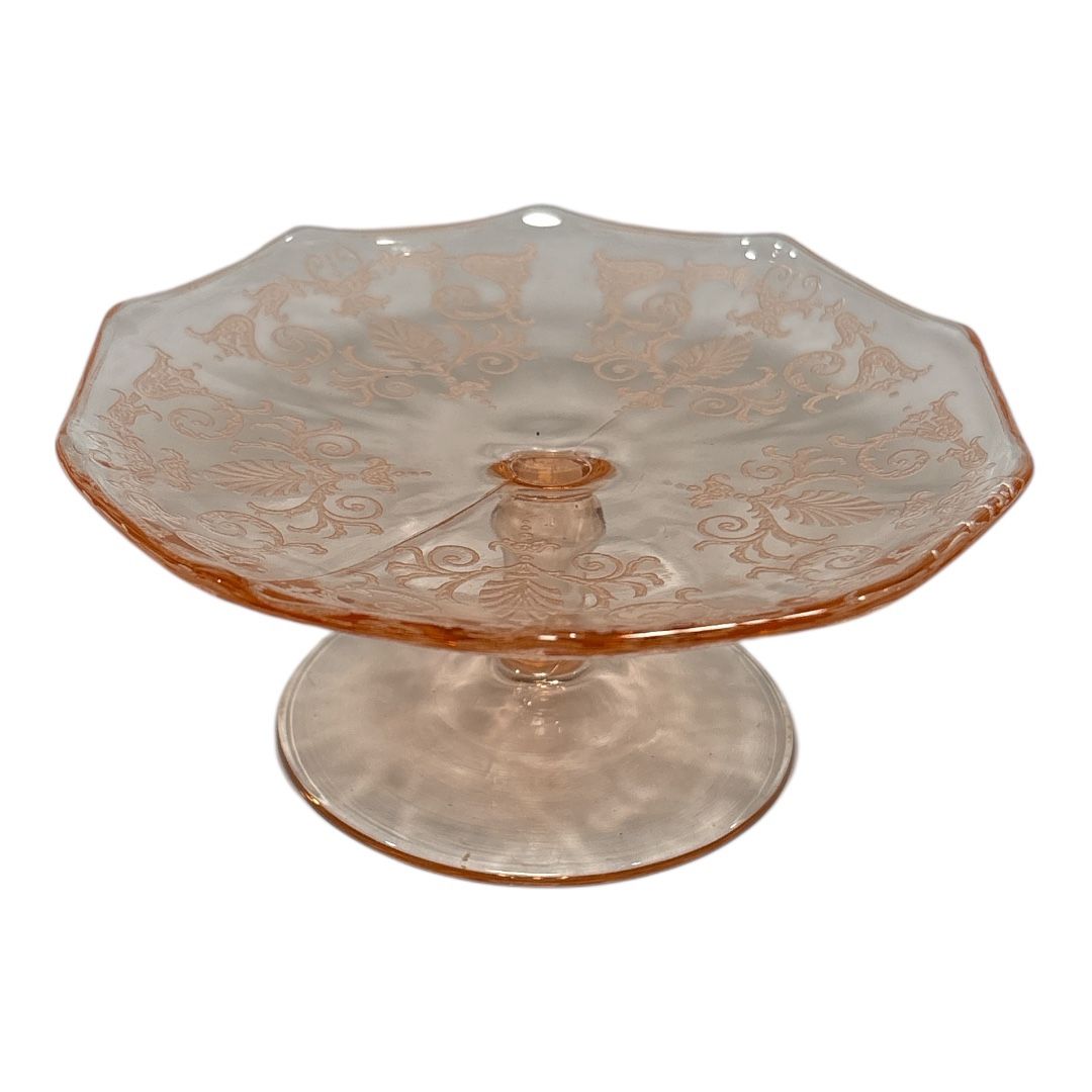 Vtg Pink Depression Etched Glass Bon Bon Candy Pedestal Plate Serving Dish 5"