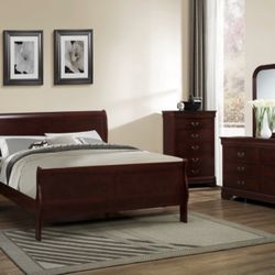 Dark Cherry Wood 5 Piece Bedroom Set All Included 