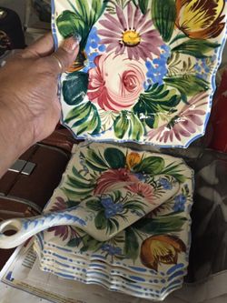 VINTAGE HAND PAINTED ITALIAN NOVE ROSE BLUE DOT & DASH SQUARE PLATES