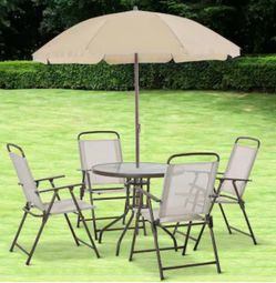 6 Piece Fabric Patio Dining Set for 4 with Umbrella, Outdoor Table and Chairs - Beige