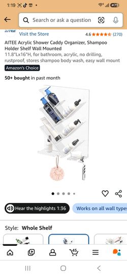 AITEE Acrylic Shower Caddy Organizer, Shampoo Holder Shelf Wall Mounted
11.8"Lx16"H, for bathroom, acrylic, no drilling, rustproof, stores shampoo bod