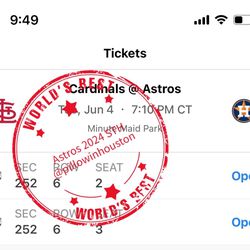Astros vs Cardinals 2nd Game Tuesday 6/4 7:10pm Section 252 Row 6 Seat 2-3 Price Per Ticket
