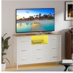 White Dresser with LED Lights and Power Outlets, Dresser TV Stand with 8 Drawers for 55" TV, Fabric Chest of Drawers for Bedroom, Living Room, Entrywa