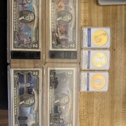 Special Edition,two Dollar Bills And Three Capsulated Coins