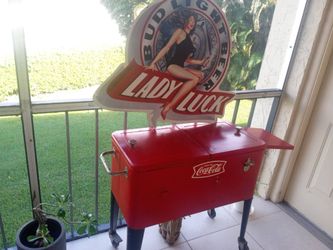 VINTAGE COCA COLA COOLER AND BUD LIGHT SIGN