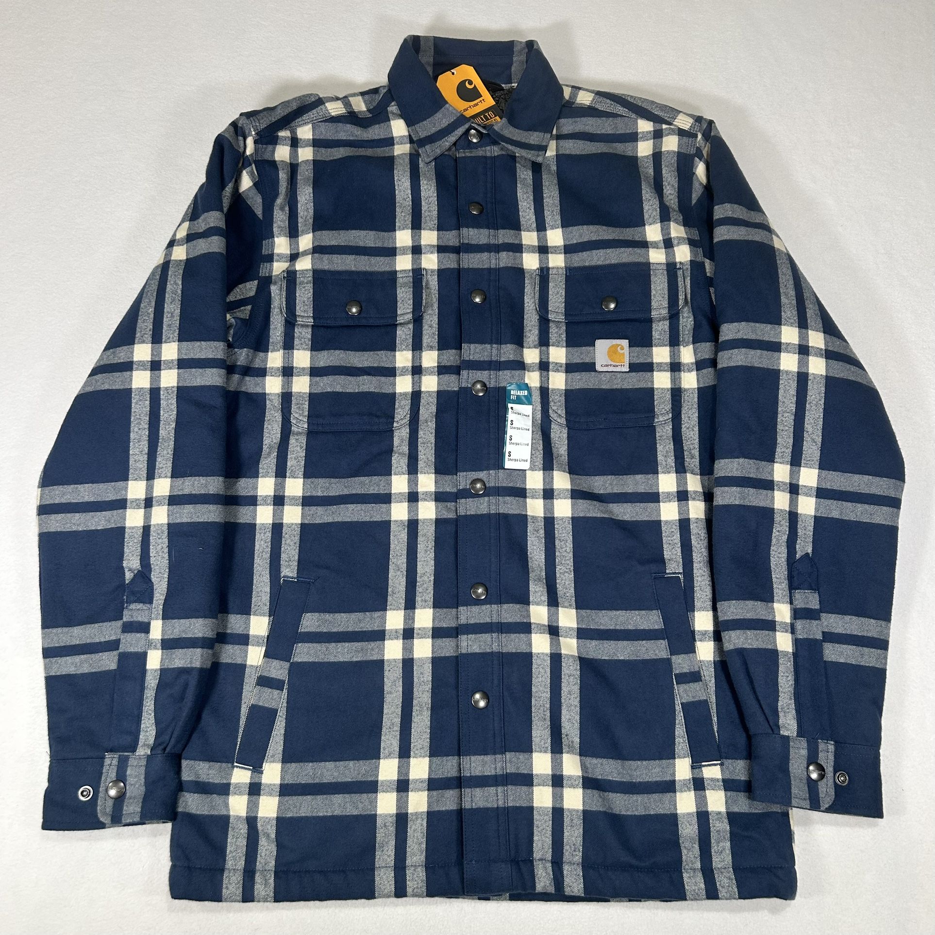 NWT Carhartt Mens Blue Plaid Relaxed Fit Flannel Sherpa Lined Small Shirt Jacket