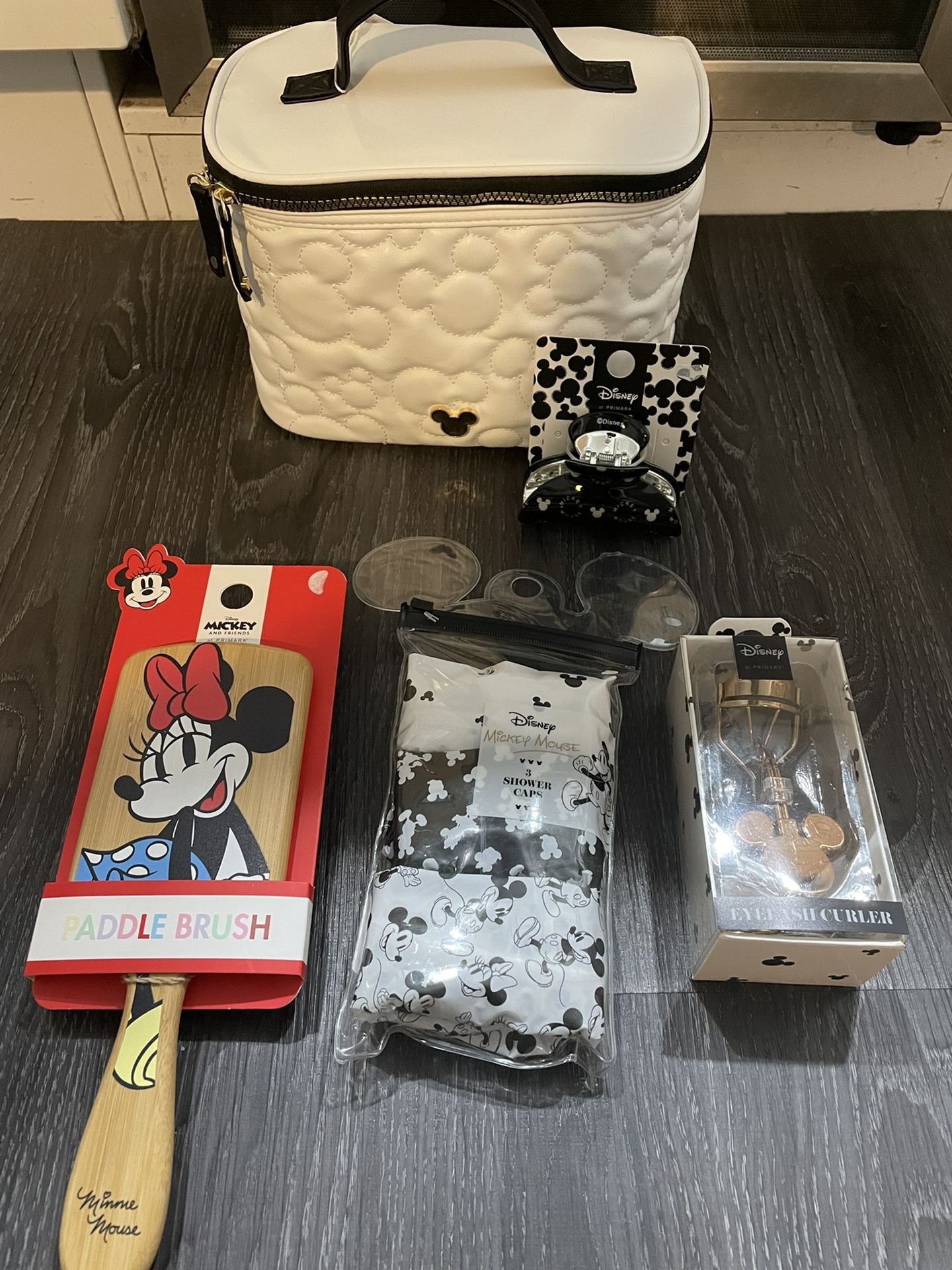 NWT Bundle Mickey Makeup Bag, Hair Brush, Showercap, Hair Clip, And Eyelash Curler