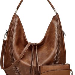 Hobo purses for Women Large Crossbody Bags Boho Satchel Bags with Tassel Ladies Leather Handbags with Crossbody Strap 2PC Brown C 