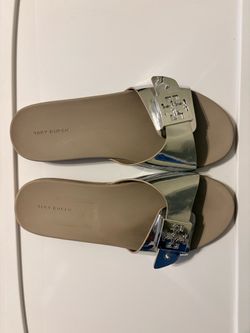 Tory Burch Women's Silver Metallic Slide Sandals - Size 9
