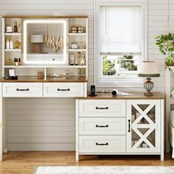 Farmhouse Vanity Desk with LED Mirror & Storage Cabinet