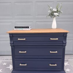 Designer Navy Oak Dresser – Solid Wood – Custom Refinished Statement Piece