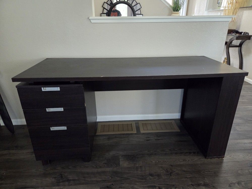 Minimalist Dark Oak Desk With 3 Drawers And Side Bars