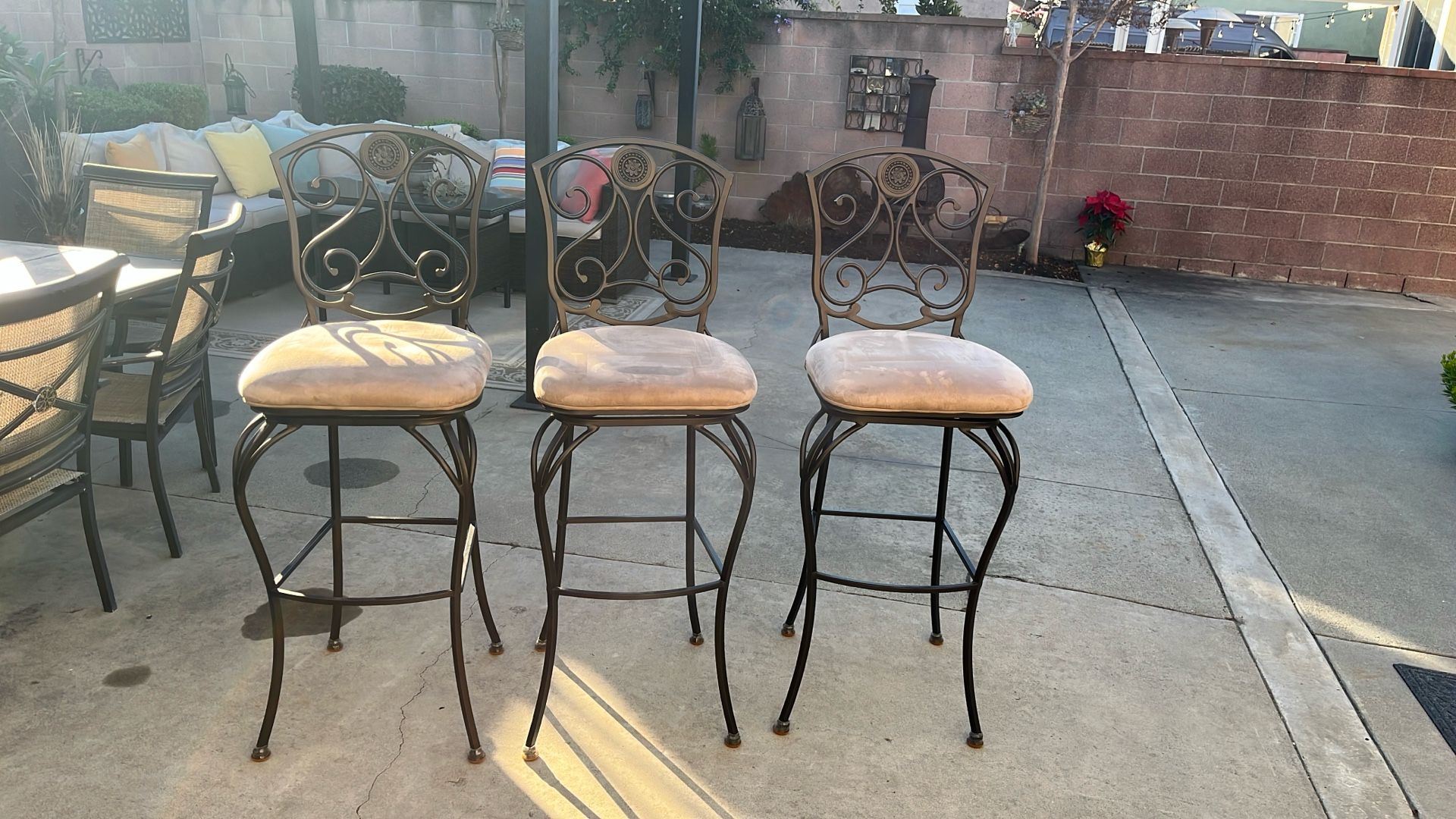 3 Bronze Metal Beige Fabric High Top Stools