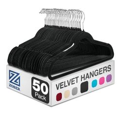 ZOBER Black Velvet Hangers 50 Pack - Clothes Hangers, Coat Hanger for Pants & Dress Clothes - Non Slip w/ 360 Degree Swivel, Holds up to 10 lbs - Stro