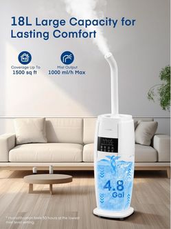 4.8Gal/18L Humidifier Large Room, Easy Top Fill Cool Mist Tower Humidifiers Quiet for Home, Plant, Office, Commercial