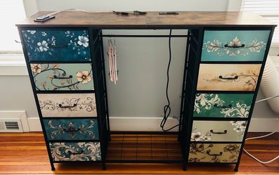 LUMTOK 55"W Dresser with Hanging Rack,10 Fabric drawers & Hooks for Bedroom