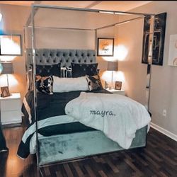 Porter Gray Chrome/Velvet Queen Canopy Platform Bed Frame Cama/ Available in black,green,white,blue King bed Frame 